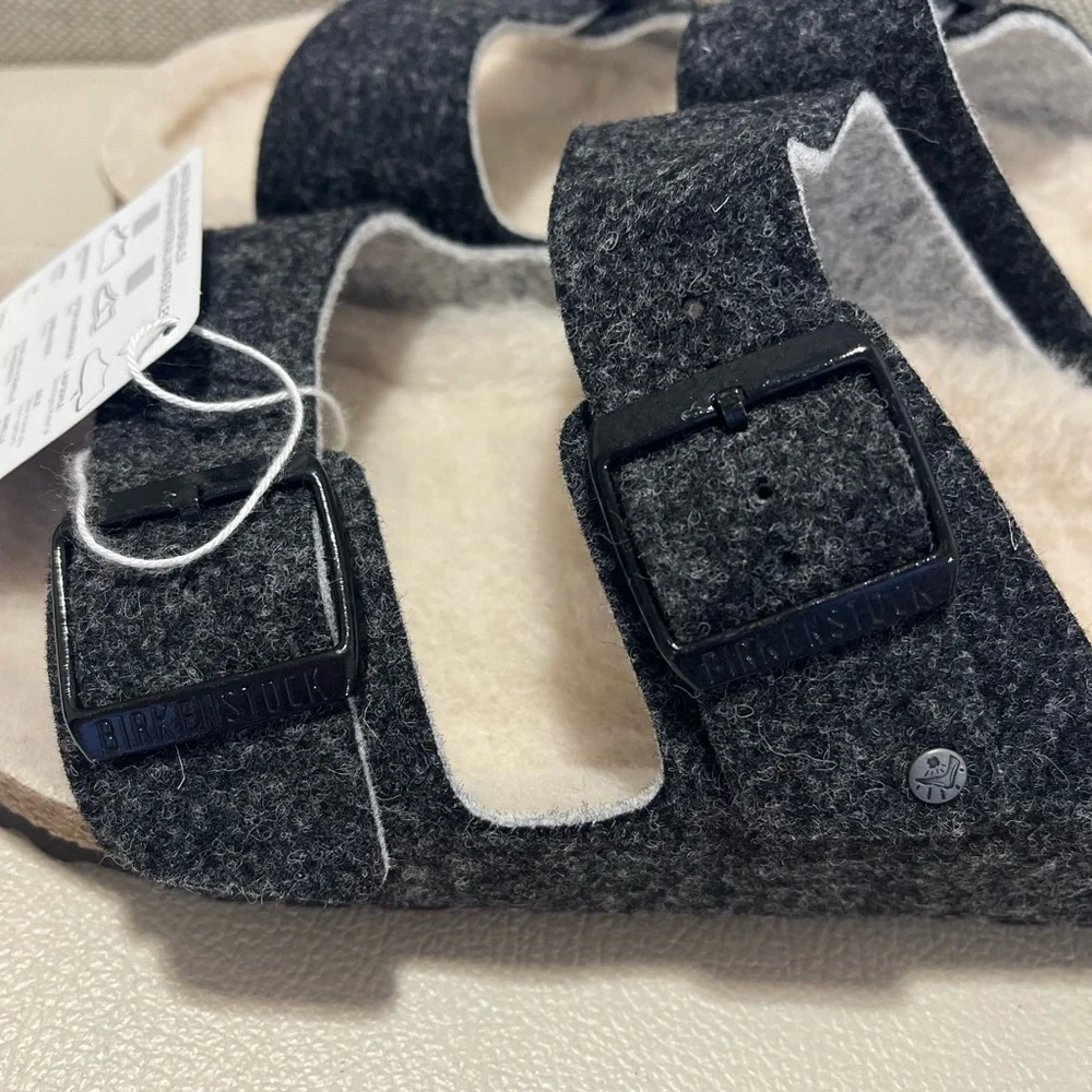 Birkenstock Arizona Rivet Wool Felt Shearling Charcoal Sandals Men’s 42